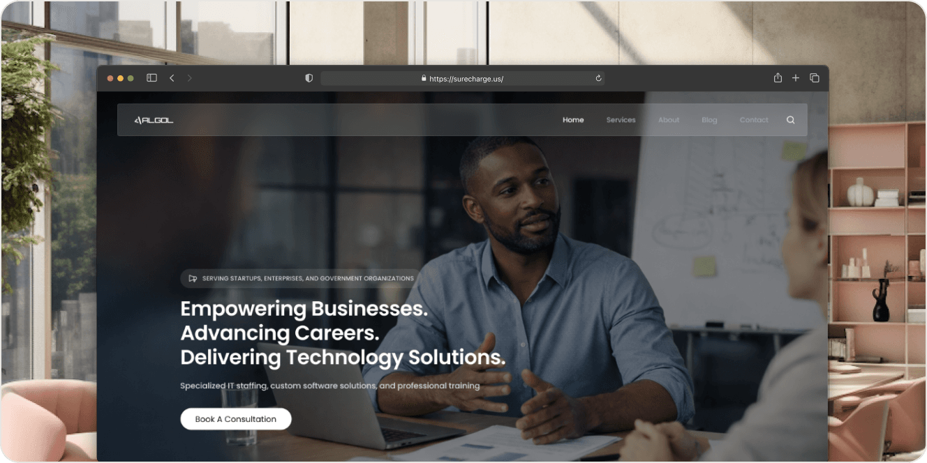 The Algol Solutions homepage on a desktop browser: “Empowering Businesses. Advancing Careers. Delivering Technology Solutions.”