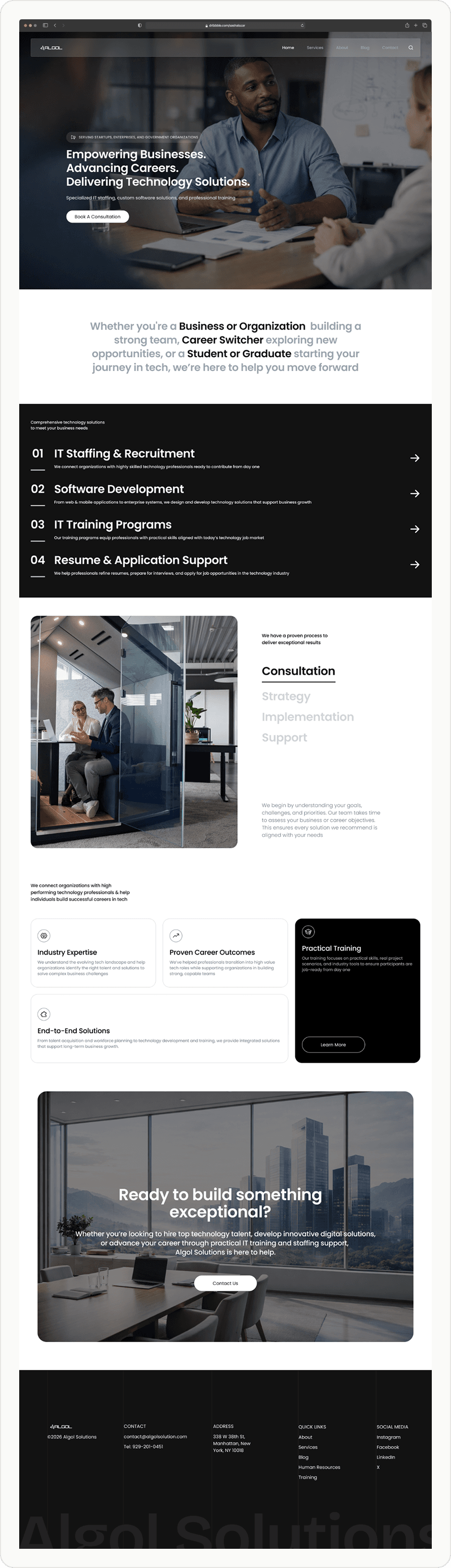 The full Algol Solutions homepage, from the hero through services, consultation, values and the call to action, down to the footer.