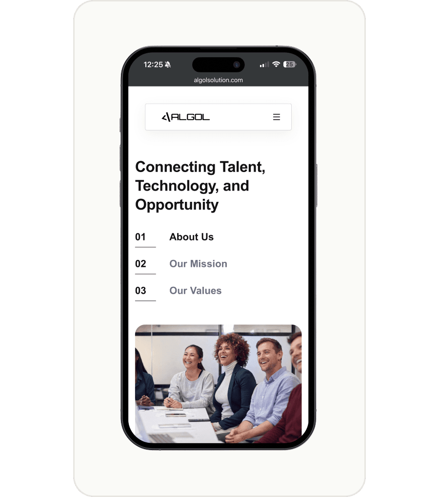 The Algol Solutions homepage on a phone: “Connecting Talent, Technology, and Opportunity”.