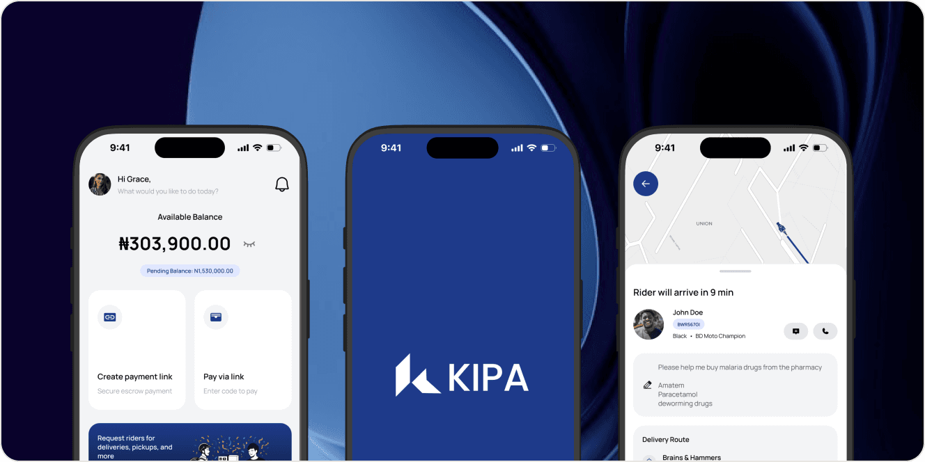 Three KIPA app screens: the home screen with an available balance, the KIPA splash screen, and an errand request with a delivery route.