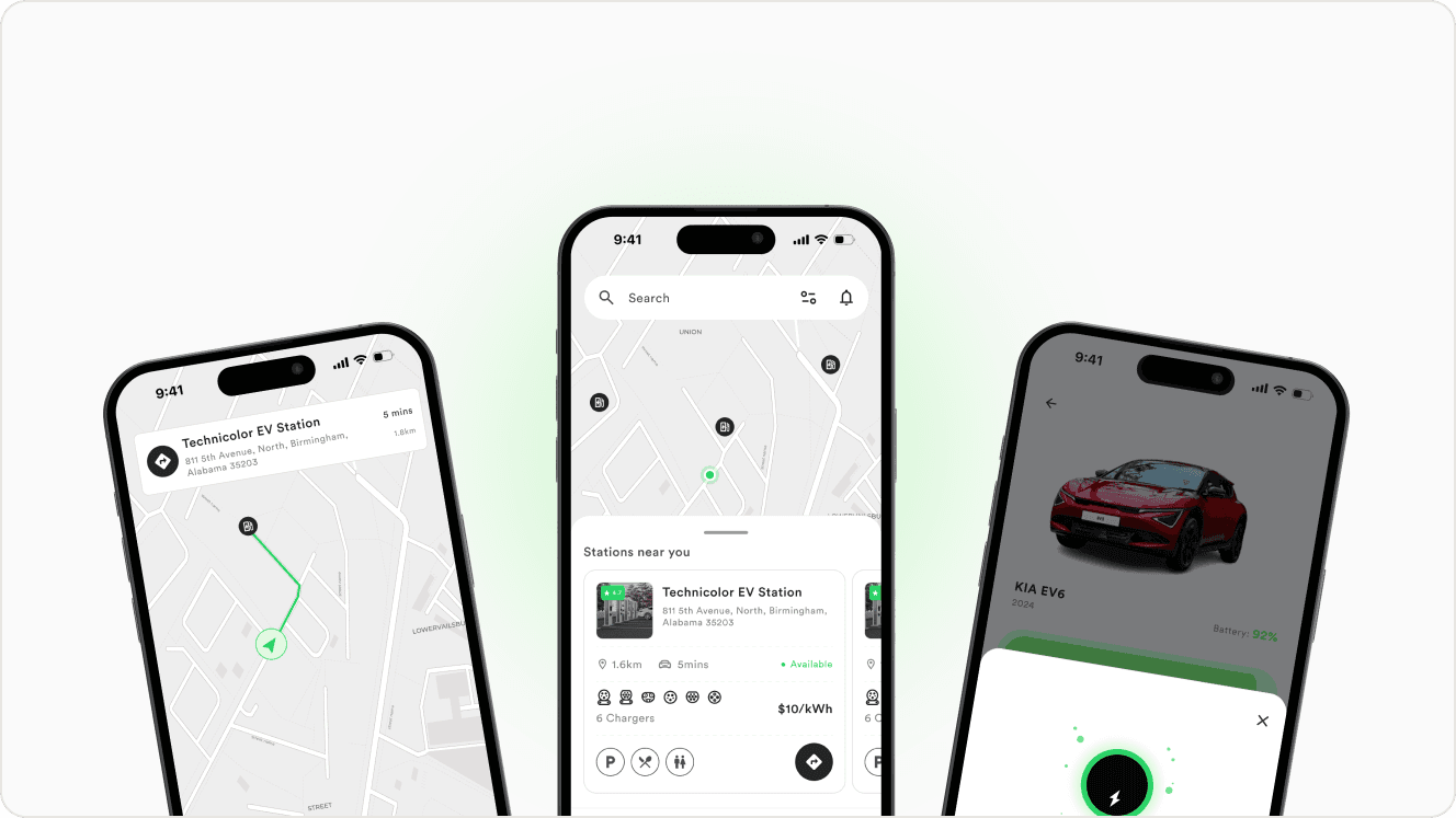 Three app screens: navigating to a station, the map of stations near you, and a charging session for a KIA EV6.