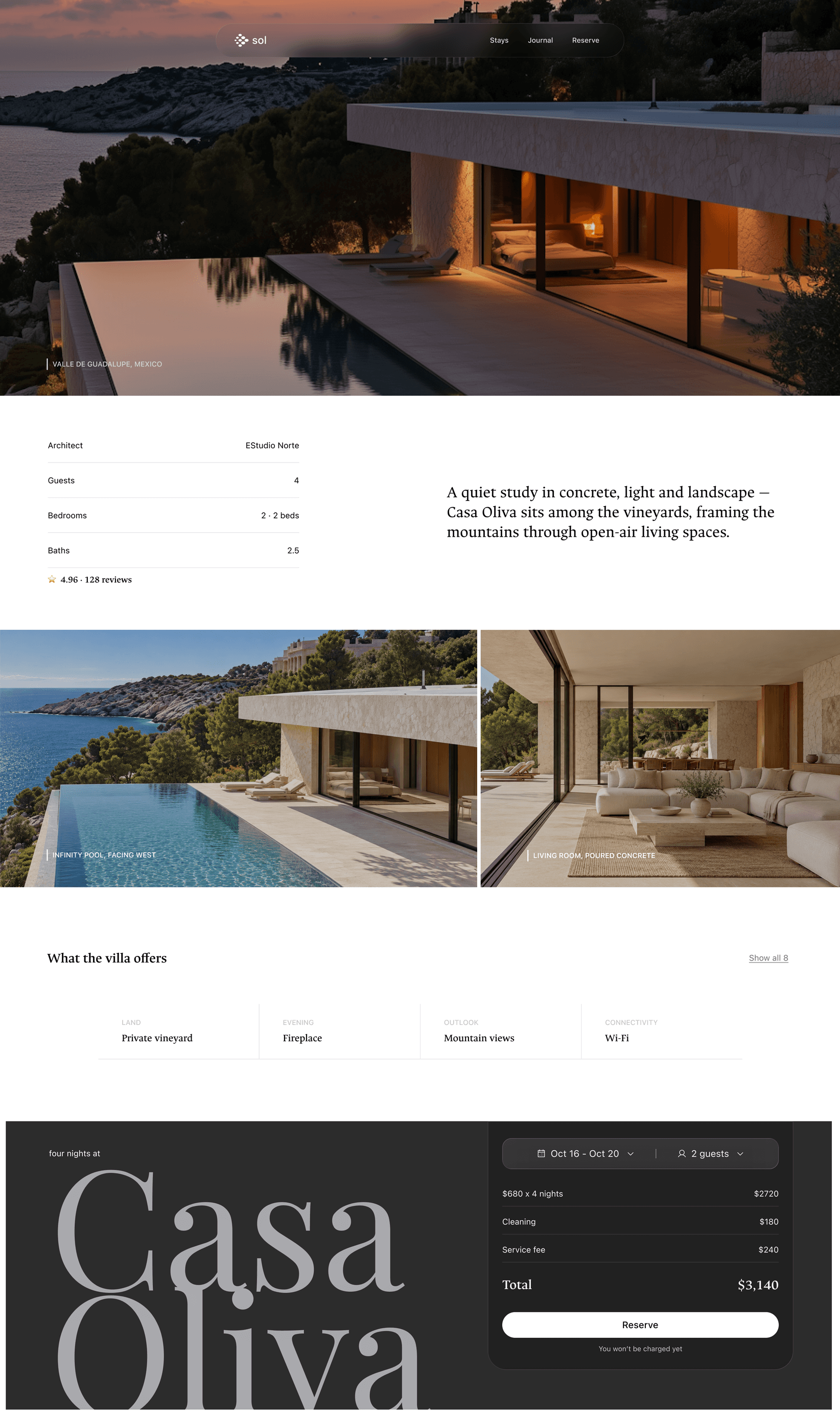 A booking page for Casa Oliva, a villa among the vineyards: a hero photo, villa details, a photo gallery, what the villa offers, and a reservation panel totalling $3,140.