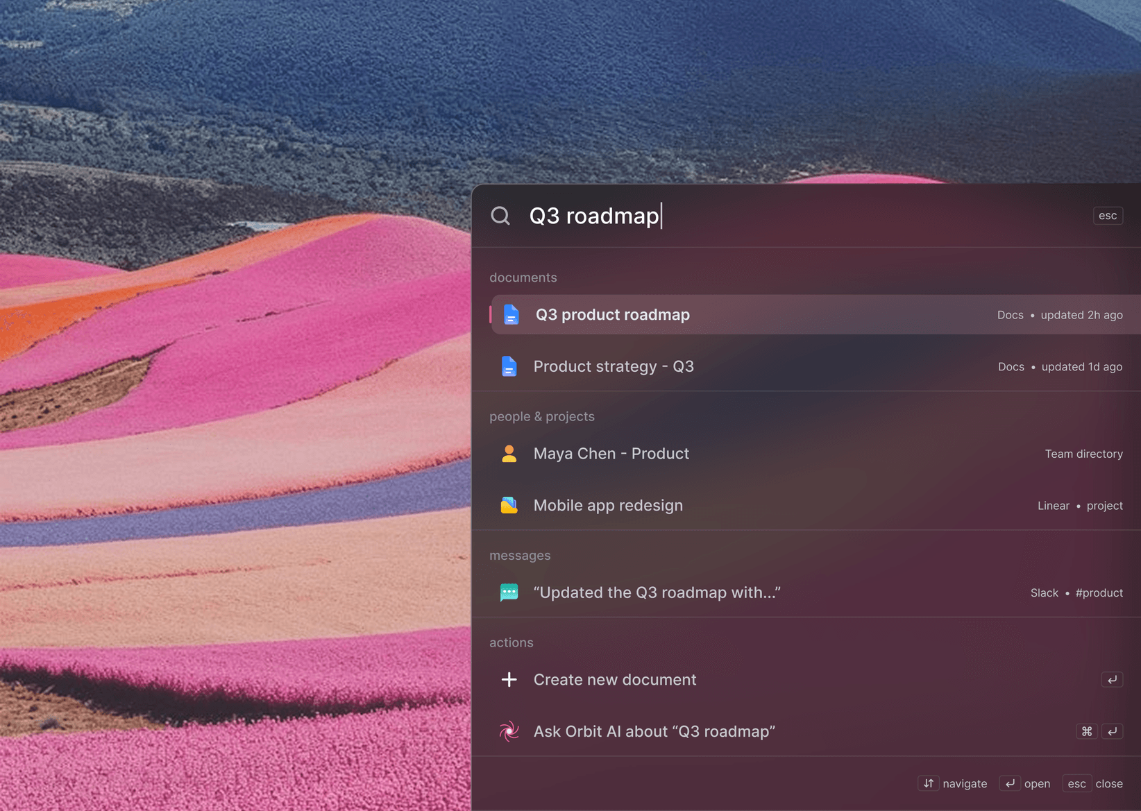A command palette open over a pink landscape wallpaper, searching “Q3 roadmap”, with results grouped into documents, people and projects, messages, and actions.