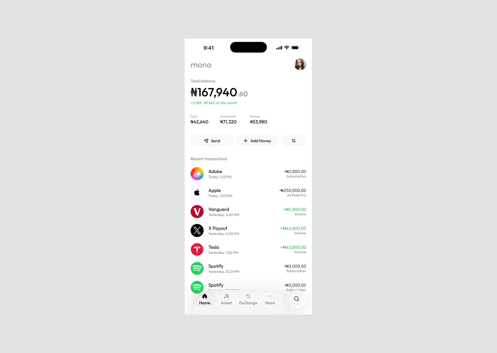 The Mono banking app home screen: a ₦167,940 total balance, quick actions to send and add money, and a list of recent transactions.